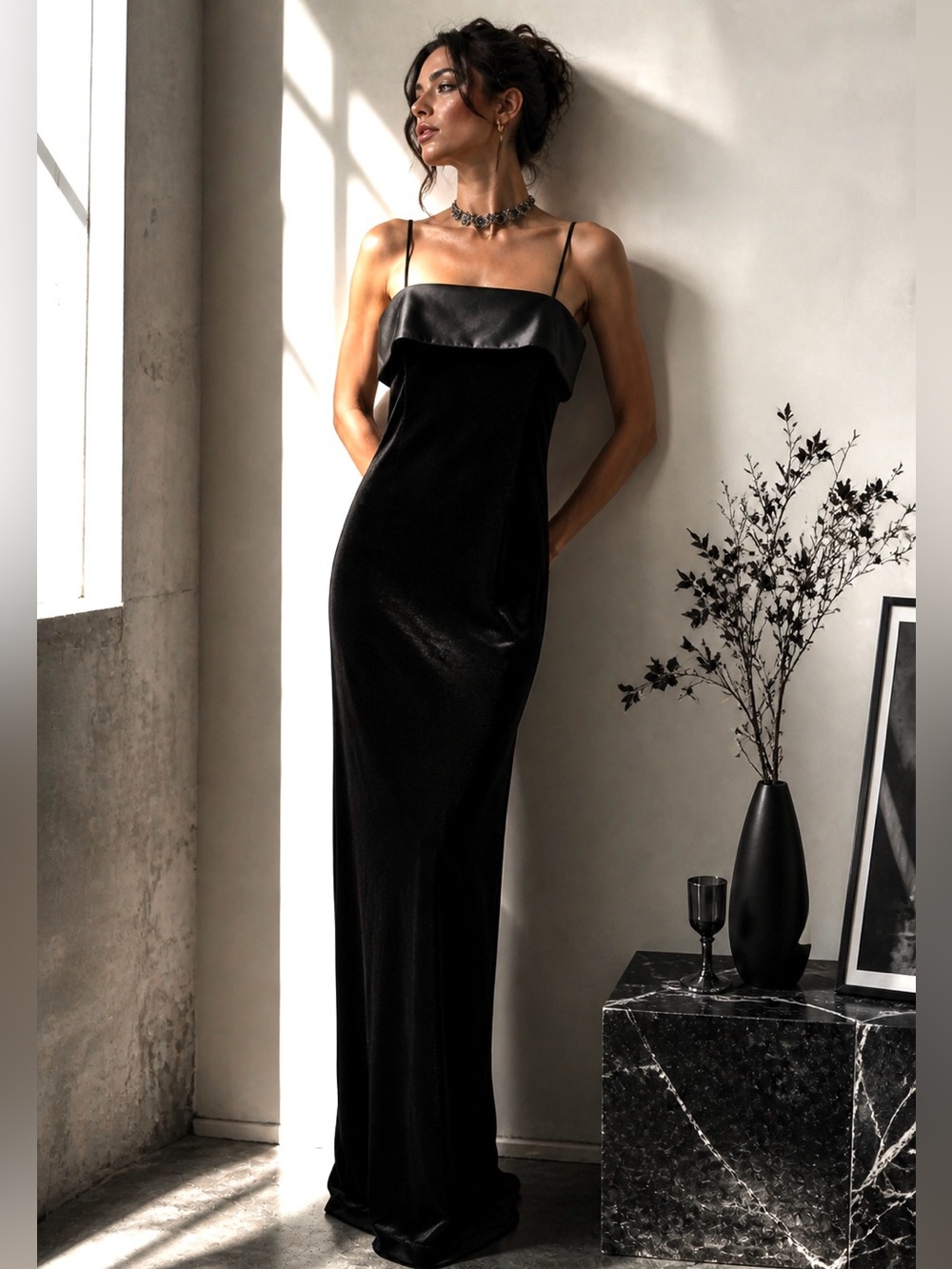 Vintage 70s Black Velvet Satin Maxi Dress Back Slit Strappy Goth Minimal